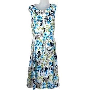 Kasper Flare Midi Dress Linen Blend Sleeveless Floral Print White